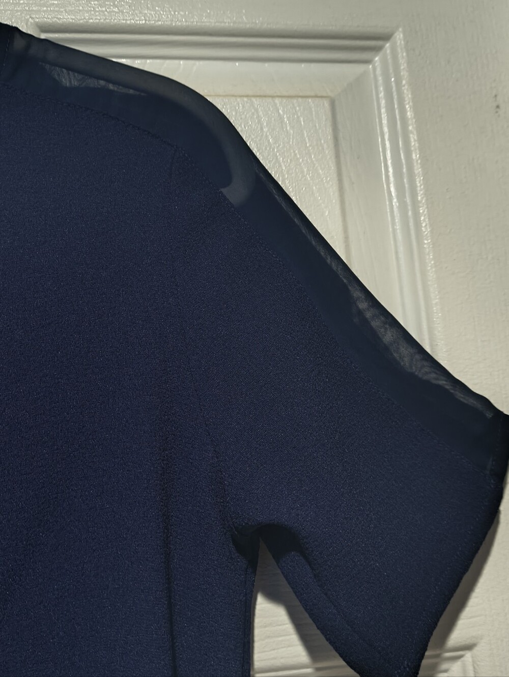 Everly Navy Blue Sheer Mesh Shoulder Shift Dress Short Sleeve Size S - Picture 6 of 8